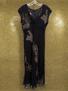 Jones New York Black Chiffon lined Dress with Gold Floral 12 Cocktail Sexy maxi